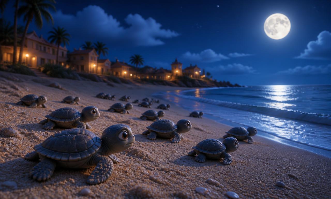 Filhotes de tartaruga caminhando para o mar à luz da lua na praia de Grussaí